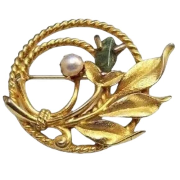 Sarah Coventry Green Jade Stone White Pearl Open Ring Pin Brooch Gold Tone - Picture 4 of 4